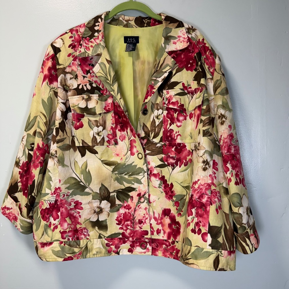 RQT Woman Floral Linen Blend Button Front Jacket Plus Size 20W Pink Green Yellow